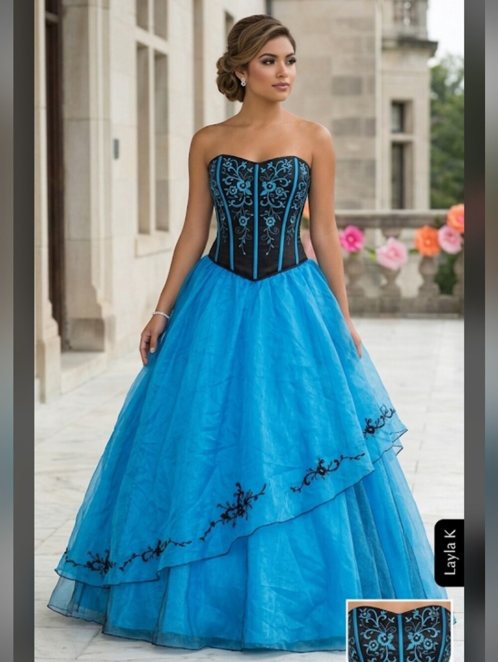 Layla K Quinceañera Sweet 16 Corset Dress Embroidered Floral Bodice Sz 14